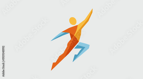 An abstract representation of a dynamic human figure in mid-leap, symbolizing energy, freedom, and potential, created with vibrant color blocks for modern appeal.