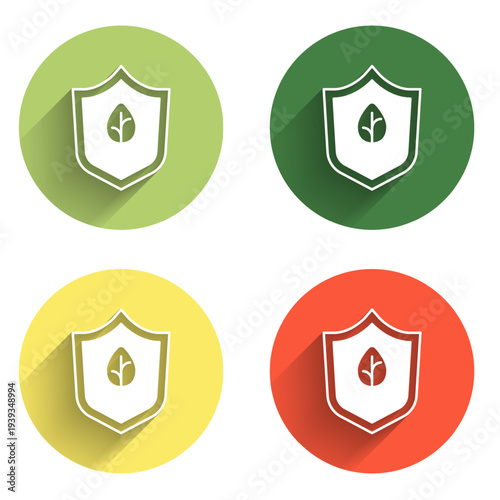 Set Vegan food diet icon isolated with long shadow background. Organic, bio, eco symbol. Vegan, no meat, lactose free, healthy, fresh and nonviolent food. Color circle button. Vector