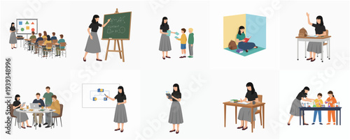 Flat Illustration Various Scene Showing A Teacher and Students at School