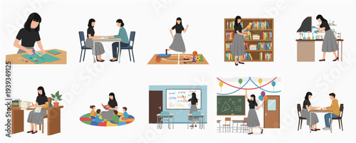 Flat Illustration Set of Diverse Teaching Activities in Classroom and Other Scenarios