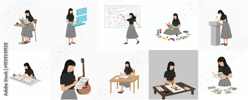 Minimalist Flat Woman Activity Various Creative Expression Lifestyle Illustration Set