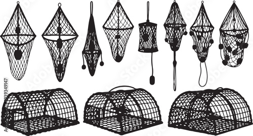 Set of fishing nets and traps hanging in various styles vector illustration flat design scalable art