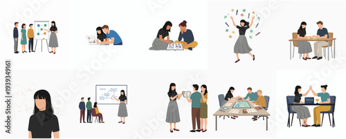 Minimalist Illustration of Business Meeting and Teamwork in Different Situations