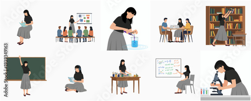 Flat Style Various Poses of Woman Teacher or Student Character Illustration