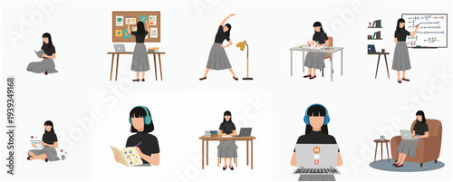Flat Illustration Set of Woman Working at Home with Various Activities