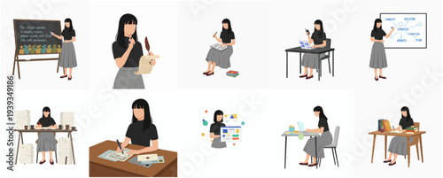 Minimalist Faceless Illustration of Woman Working in Different Poses Set