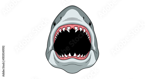 Shark head illustration, vector style graphic, open mouth, teeth, danger, wildlife concept