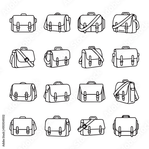 Collection of satchel bag icons with strap different views simple line art stock