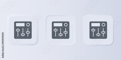 Grey Sound mixer controller icon isolated on grey background. Dj equipment slider buttons. Mixing console. Set icons in square buttons. Vector