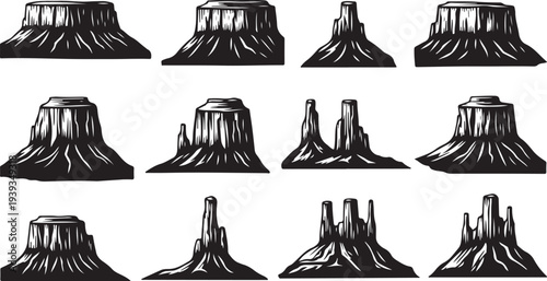 Set of 12 black and white sound wave or audio equalizer shapes in flat design vector illustration