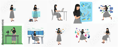 Modern Flat Woman Character Different Occupation Concept Illustration Set