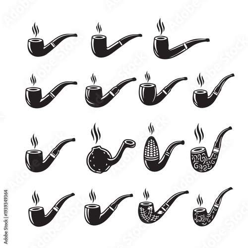 Collection of Smoking Pipes with Smoke Various Designs Black and White
