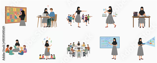 Diverse Flat Style Education Scenes with Female Teacher and Students Illustration