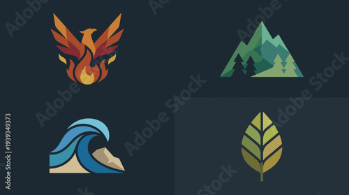 This collage of artistic icons—fire, mountains, waves, and leaves—captures nature's stunning elements, great for brands wishing to embrace the earth's beauty and diversity.