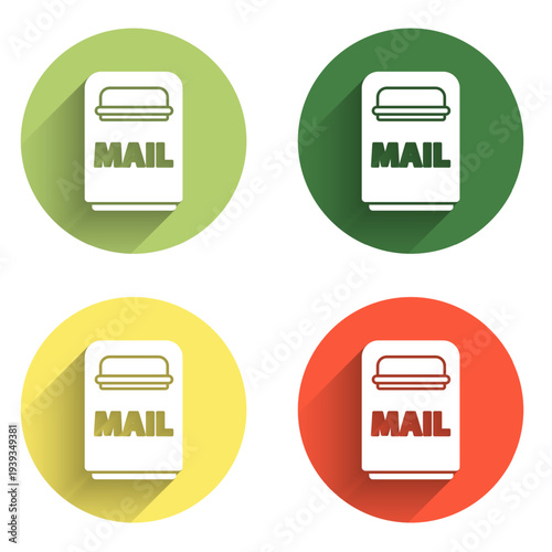 Set Mail box icon isolated with long shadow background. Mailbox icon. Mail postbox on pole with flag. Color circle button. Vector