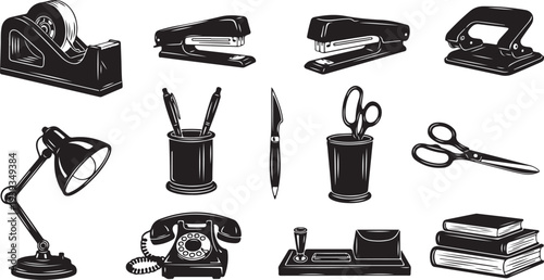 Office desk supplies and stationery set flat design vector illustration isolated on white background