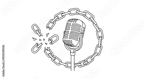 Broken Chain Around Vintage Microphone Symbolizing Freedom of Speech