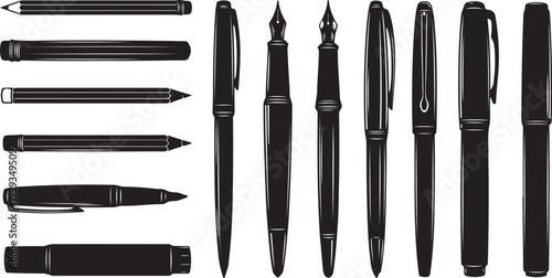 Set of black and silver fountain pens arranged in row vector illustration flat design