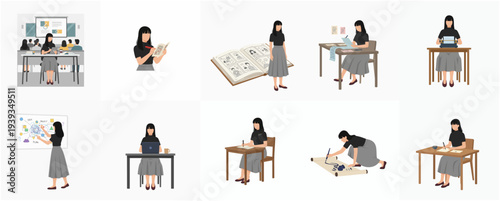 Minimalist Illustration Woman in Different Business and Creative Activity Poses