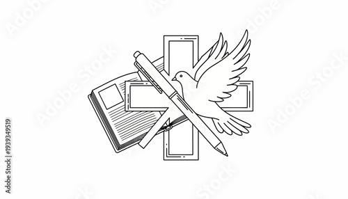Christianity and Journalism Symbol: Dove, Cross, Pen, and Open Book