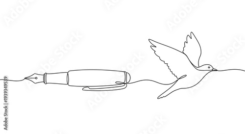 Continuous Line Drawing: Fountain Pen and Flying Bird