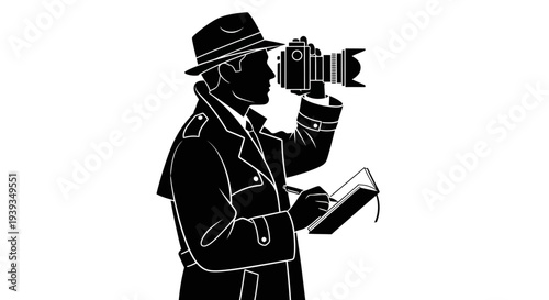 Detective Investigator with Camera and Notebook, Silhouette Illustration