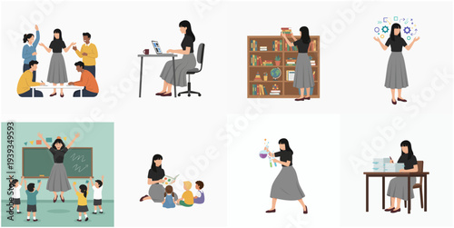 Flat Illustration of Female Teacher in Various Classroom Activities Character