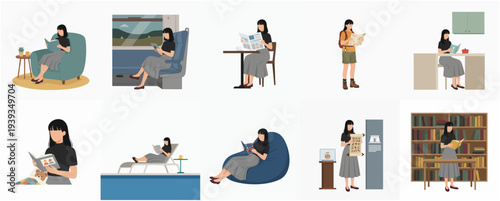 Minimalist Illustration Collection of a Woman Reading in Various Locations Activities
