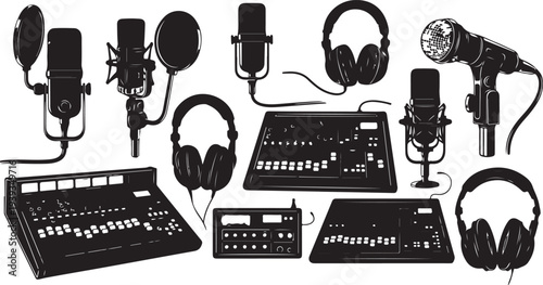 Professional music studio equipment set with microphones, headphones, mixer, and audio gear vector illustration flat design