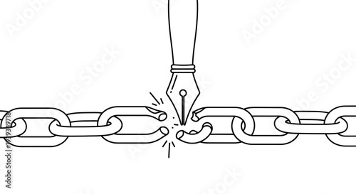 Fountain pen breaking a chain, concept of overcoming limitations through writing