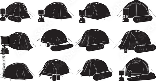 Collection of camping tents in various styles and setups vector illustration flat design