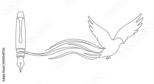 Fountain pen drawing a flying dove with flowing lines, creativity concept
