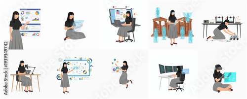 Flat Woman Doing Various Activity Illustration Set, Modern Style