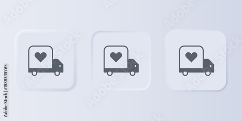 Grey Delivery truck with heart icon isolated on grey background. Love delivery truck. Love truck valentines day. Set icons in square buttons. Vector