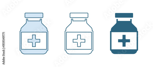 Blue Medicine bottle and pills icon isolated on white background. Bottle pill sign. Pharmacy design. Vector