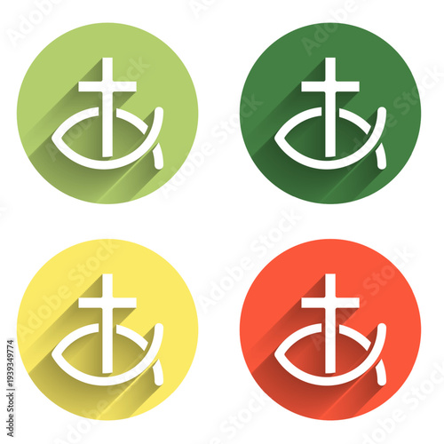 Set Christian fish symbol icon isolated with long shadow background. Jesus fish symbol. Color circle button. Vector