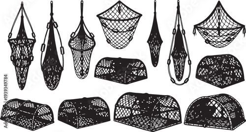 Set of fishing nets and traps in various shapes and sizes vector illustration flat design