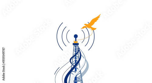 Freedom Bird Flying from Communication Tower, Symbolizing Connection and Release