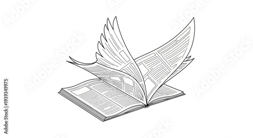 Open Book with Flying Pages, Line Art Illustration, Symbolizing Knowledge and Imagination