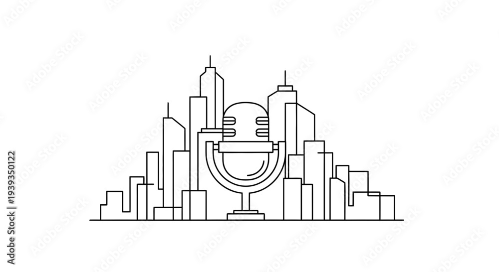 Fototapeta premium Podcast microphone in front of city skyline, urban broadcasting concept, minimalist illustration