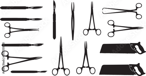Set of surgical medical tools and scissors flat design vector illustration isolated on white background