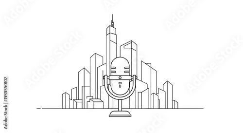 Podcast Microphone in Cityscape Silhouette, Urban Broadcast Concept