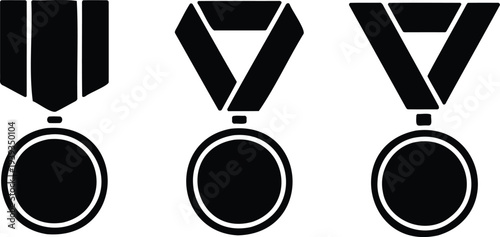 Set of 3 Black Silhouette Medal Icons Vector with Ribbons, Award, Achievement, and Success Symbols for Web, UI, and Graphic Design Projects
