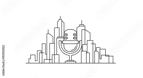 Podcast microphone in front of city skyline, urban broadcasting concept, minimalist illustration