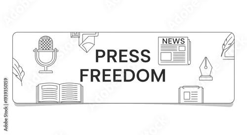 Press Freedom Concept: Microphone, Newspaper, Pen, Book Icons