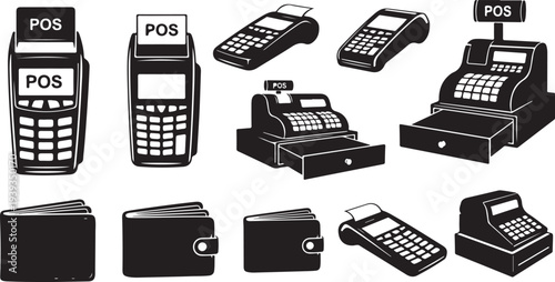 POS system devices collection with cash registers and credit card machines vector illustration flat design
