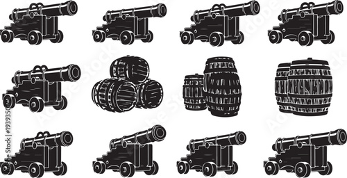 Collection of antique cannons and barrels vector illustration flat design black and white scalable art