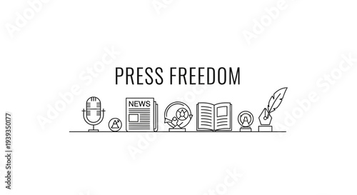 Press Freedom Concept: Microphone, Newspaper, Open Book, Quill Pen Icons