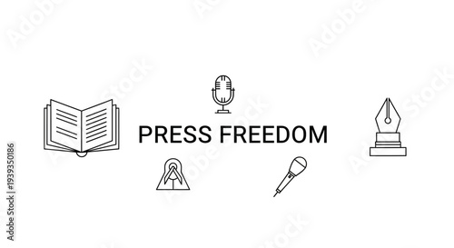 Press Freedom Concept with Icons: Book, Microphone, Pen Nib, Radio Tower