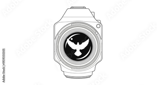 Vector line art of a modern smart watch with a dove symbol on screen